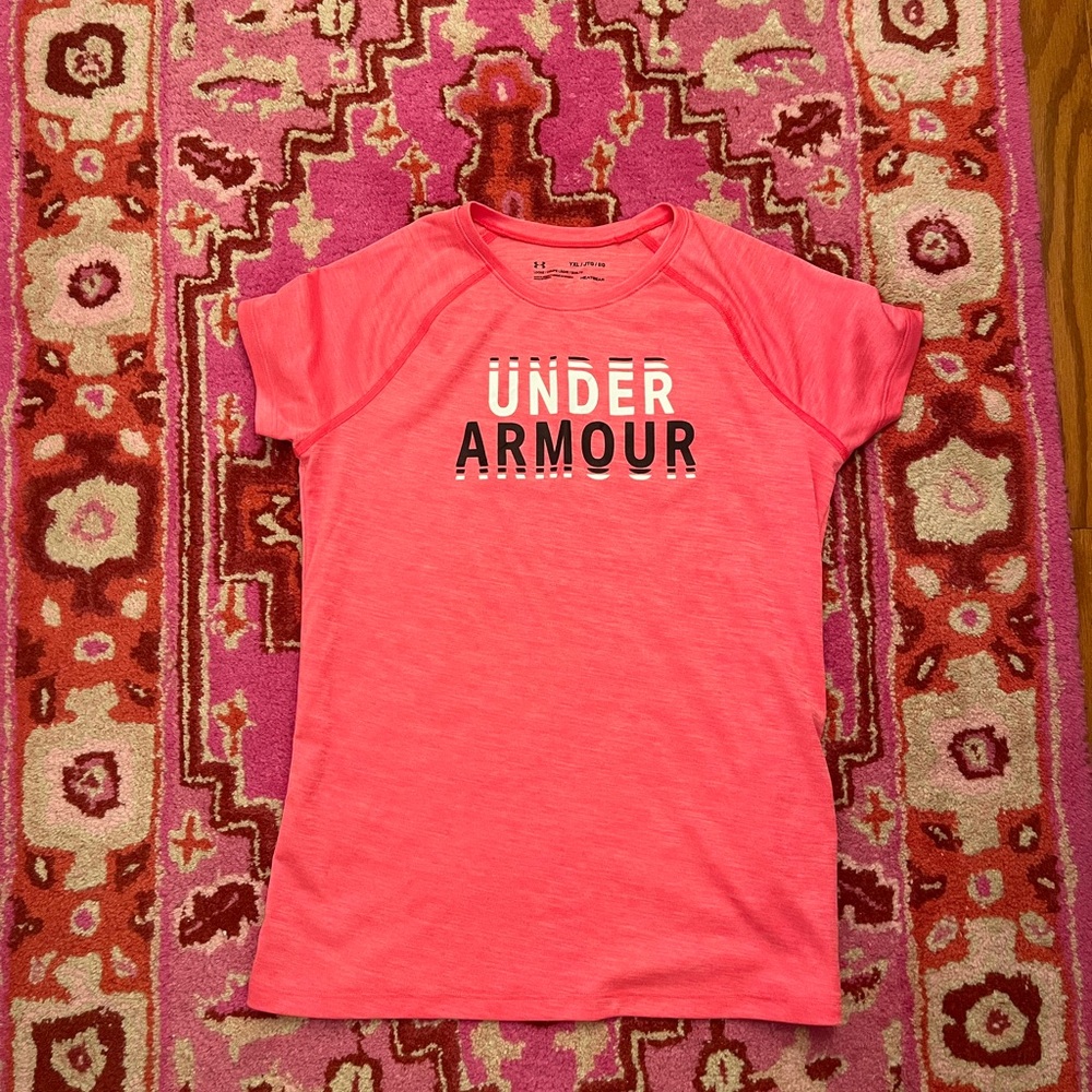 Under Armour Coral Pink Girls Short Sleeve Block Letter Logo Tee